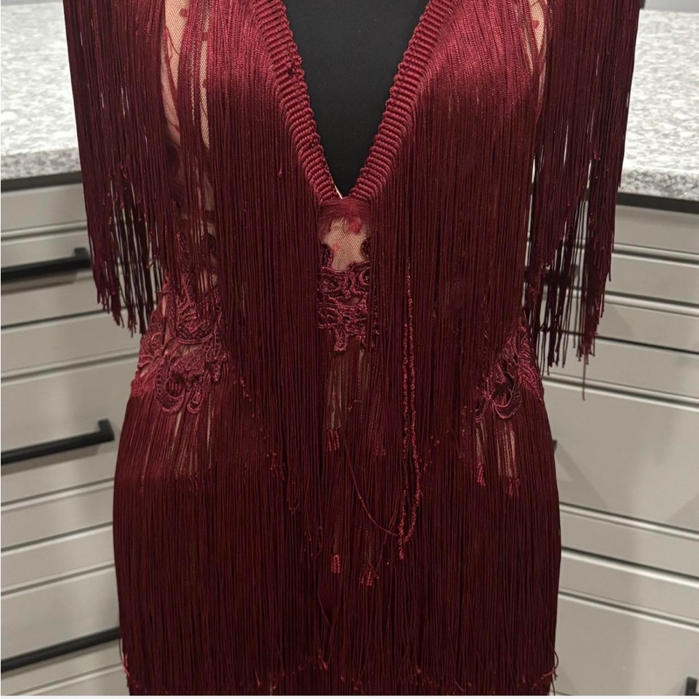 AKIRA Burgundy Fringe Mini Dress